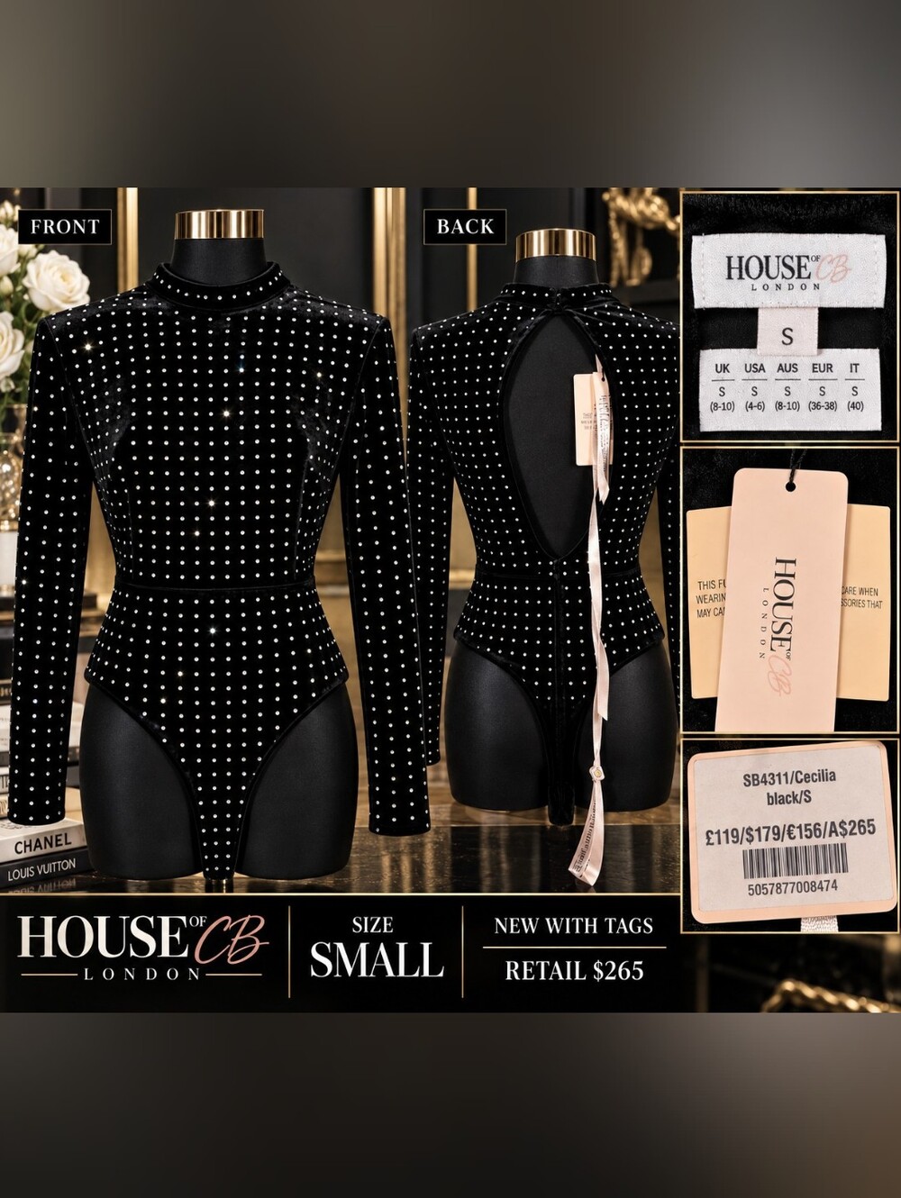House of CB Black Velvet Crystal-Studded Long-Sleeve Bodysuit